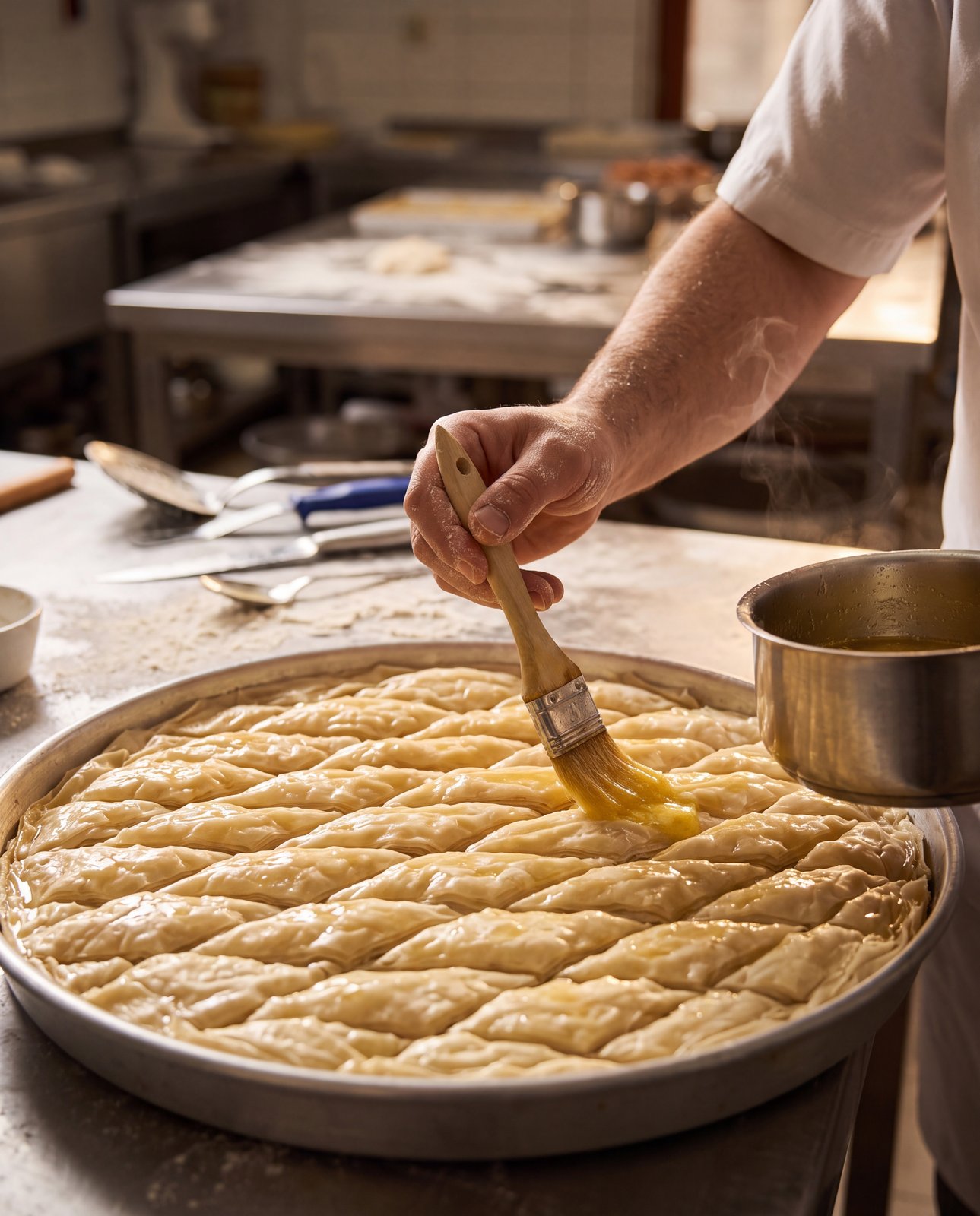 Baklava tepsisine eritilmiş tereyağı sürülen mutfak